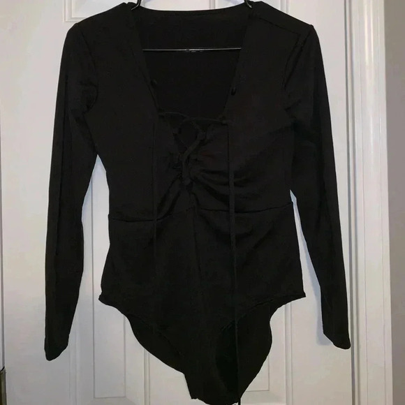 None Tops - 🧾 Black Lace Up Bodysuit